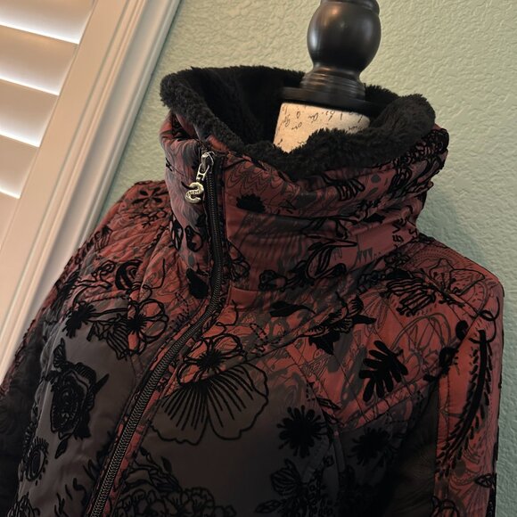 Desigual Flocked Velvet Puffer Jacket 38 Black and Burgandy / Small to Medium - Picture 5 of 10